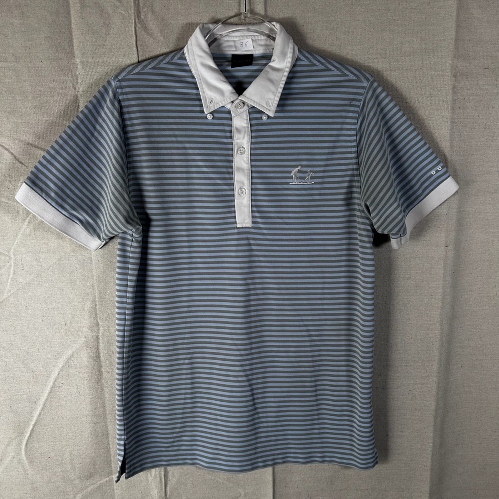 Dunning Golf Polo Shirt Mens Large Slim Fit Blue Grey Striped Short Sleeve Logo